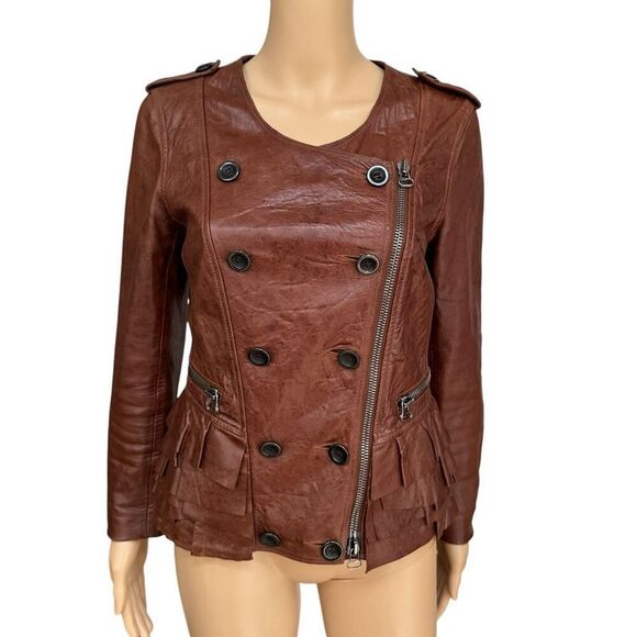 3.1 Phillip Lim Lambskin soft Leather Ruffled Cognac Zip Up Jacket silk lining 4 - Picture 5 of 16